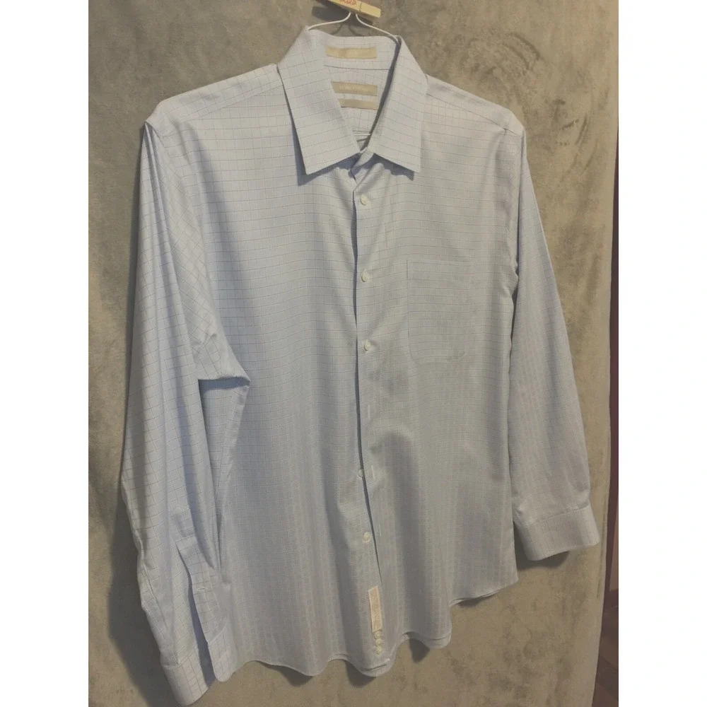 Nordstrom Wrinkle Free cotton Shirt Men's Size 16 Long Sleeve Blue Checkered